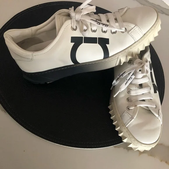 Salvatore Ferragamo White and Black Gancini Sneakers